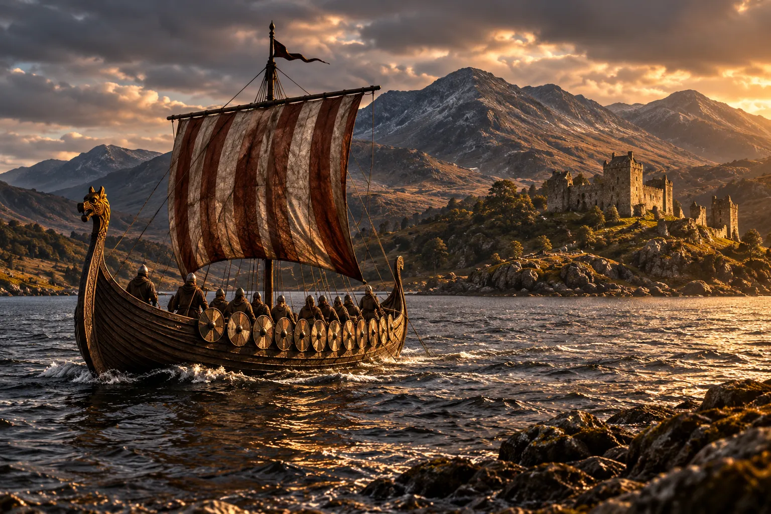 A cloaked warrior with a round shield looking over a coastal castle at sunset