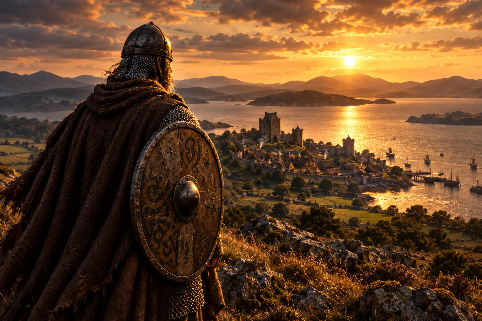 A Viking longship sailing past a ruined castle beneath the mountains