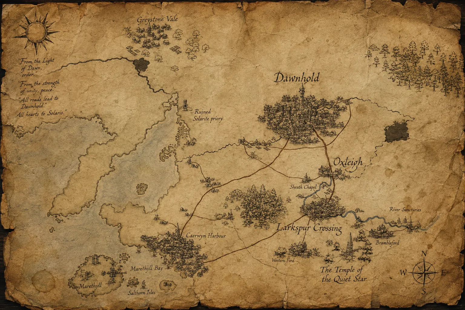 Map of the Dawnshield world, from Greystone Vale to Dawnhold and Oxleigh
