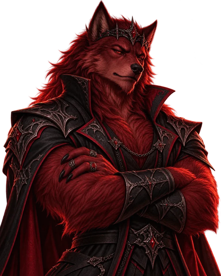 Silas, a crimson-furred werewolf Alpha wearing an obsidian crown