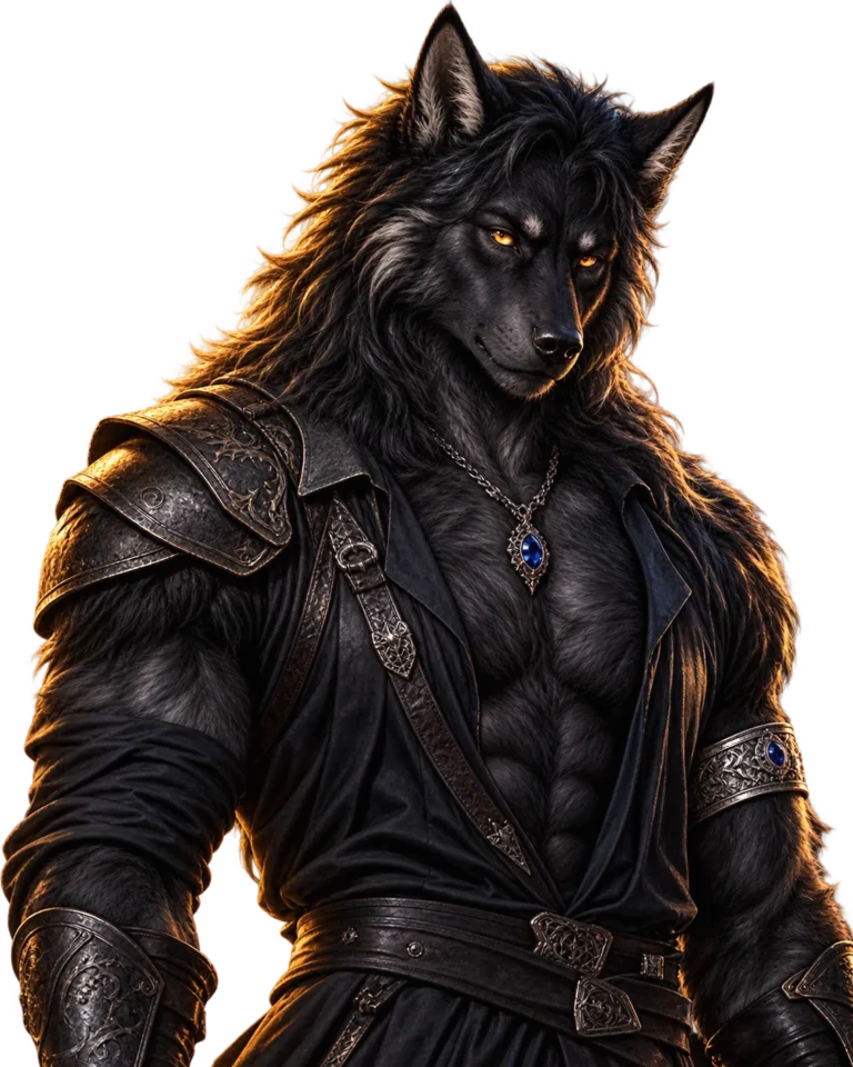 Fenris, a black werewolf with golden eyes and a sapphire pendant