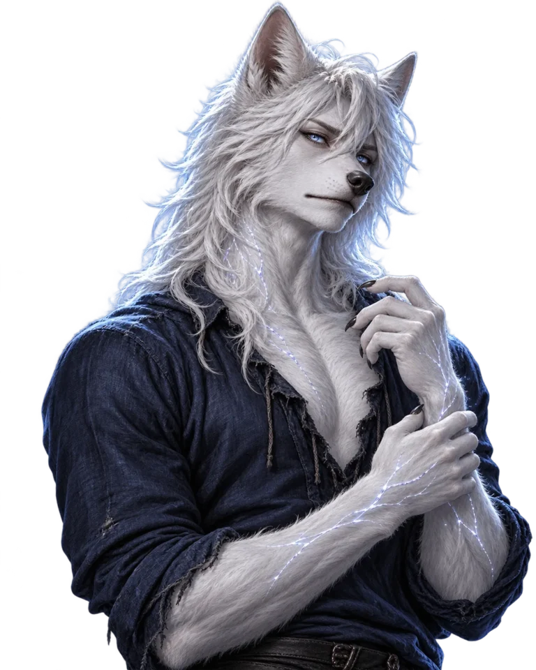 Aria, a white-furred wolf hybrid with glowing silver veins