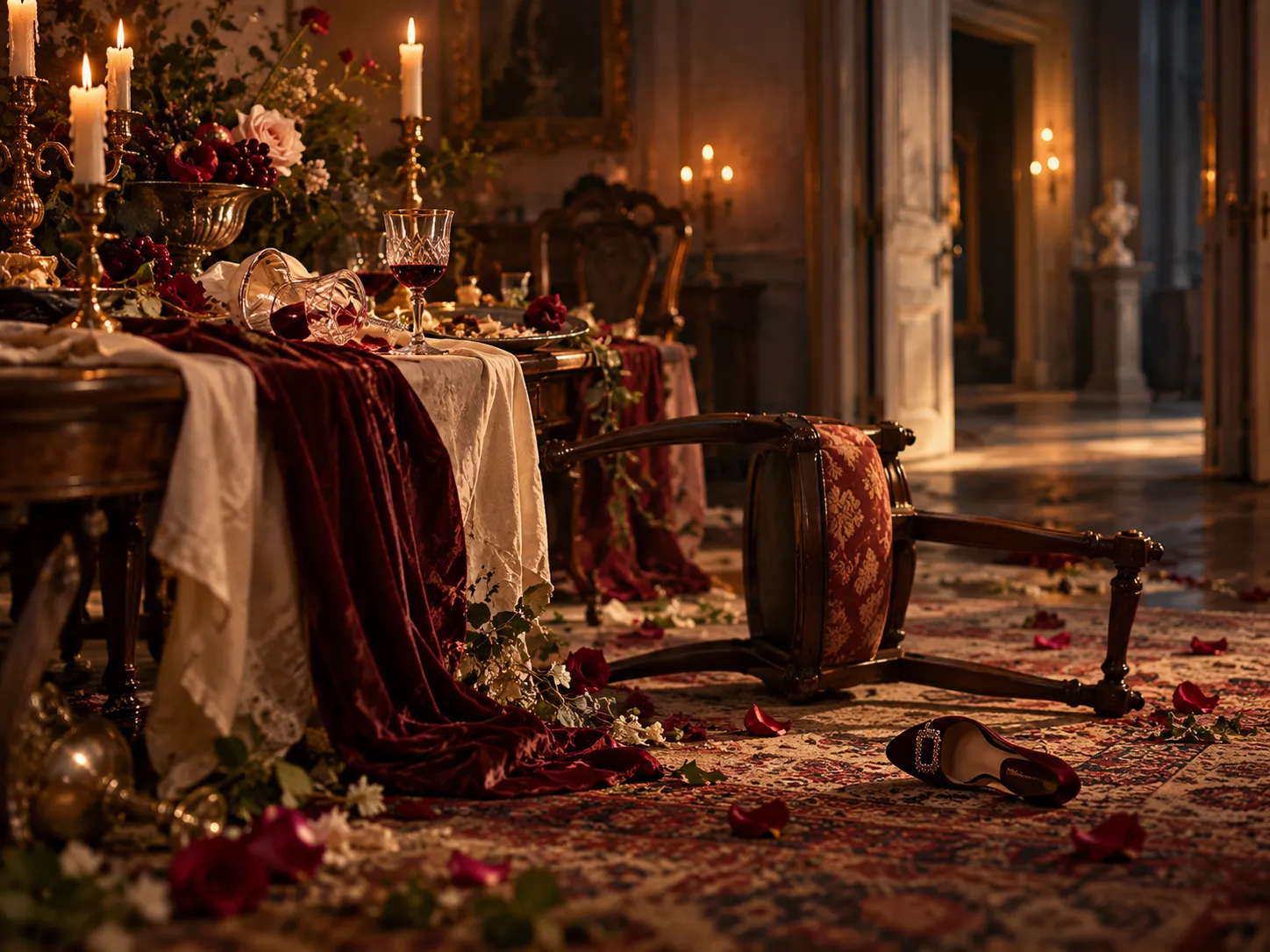 After the party: an overturned chair, spilled wine, rose petals and a lost shoe