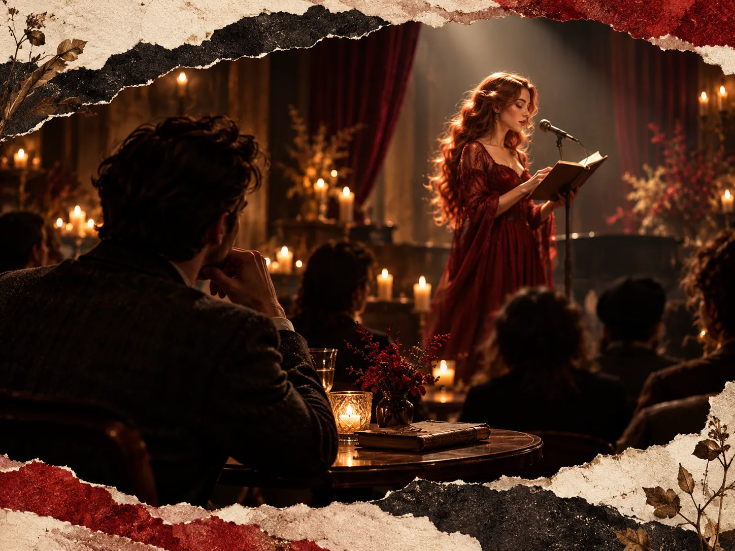 A red-haired woman in a red dress reads poetry on a candlelit stage while a man watches
