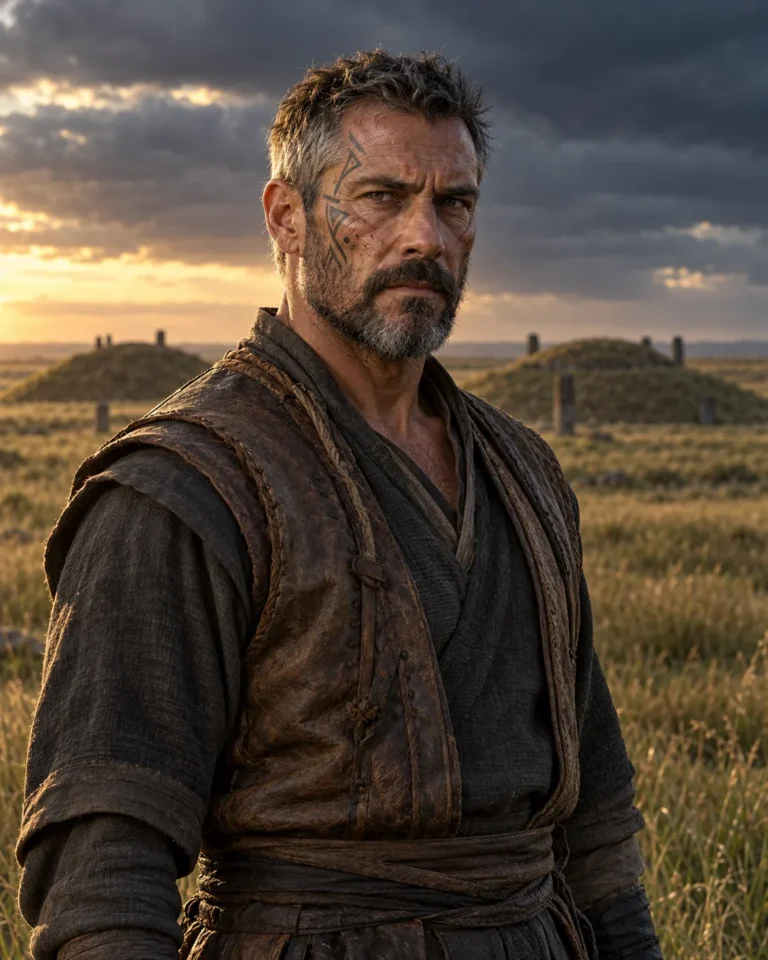 Garah, a grey-bearded warrior with a tattooed face and a worn leather vest, standing before grassy burial mounds