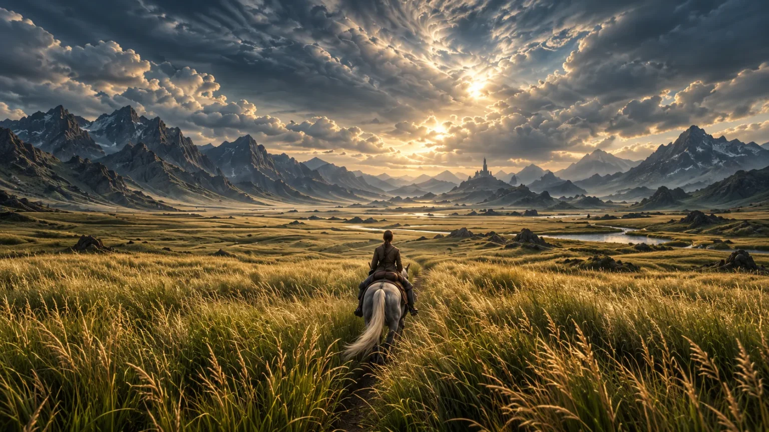 A rider on a grey horse crosses a sea of tall grass toward distant mountains