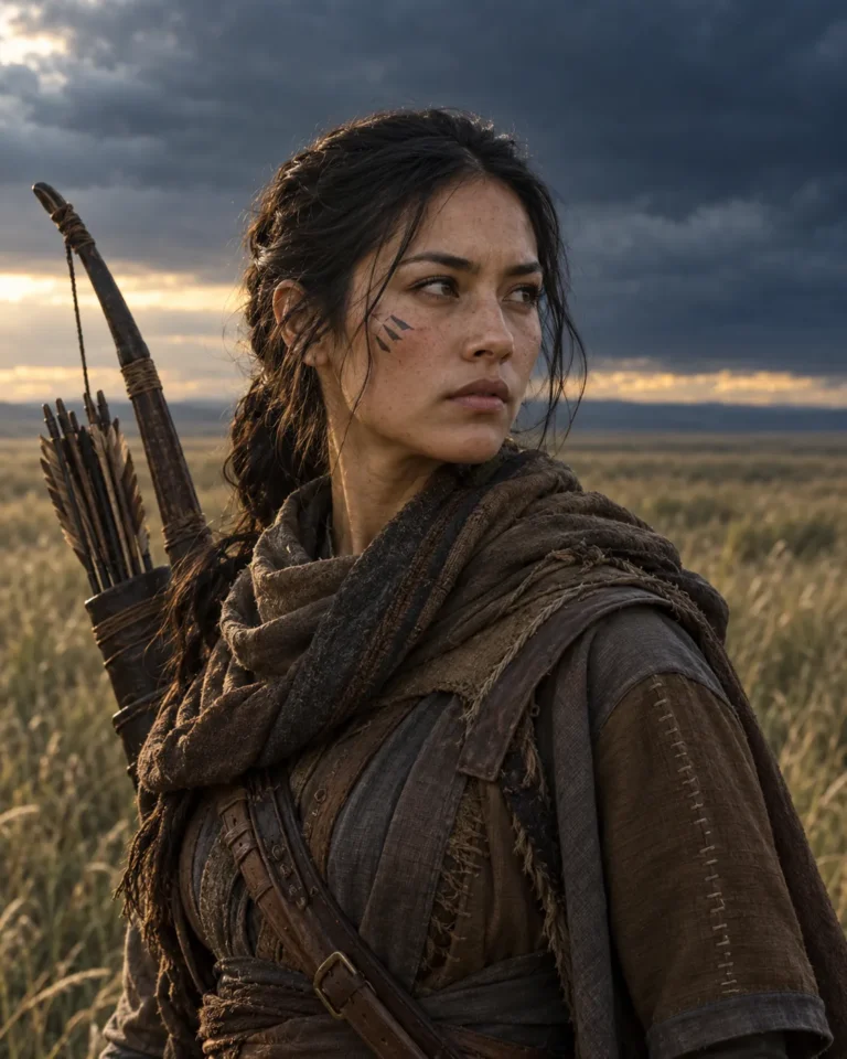 Rani, a young warrior with dark braided hair, tattoo marks on her cheek and a bow and quiver on her back, looking across the grasslands