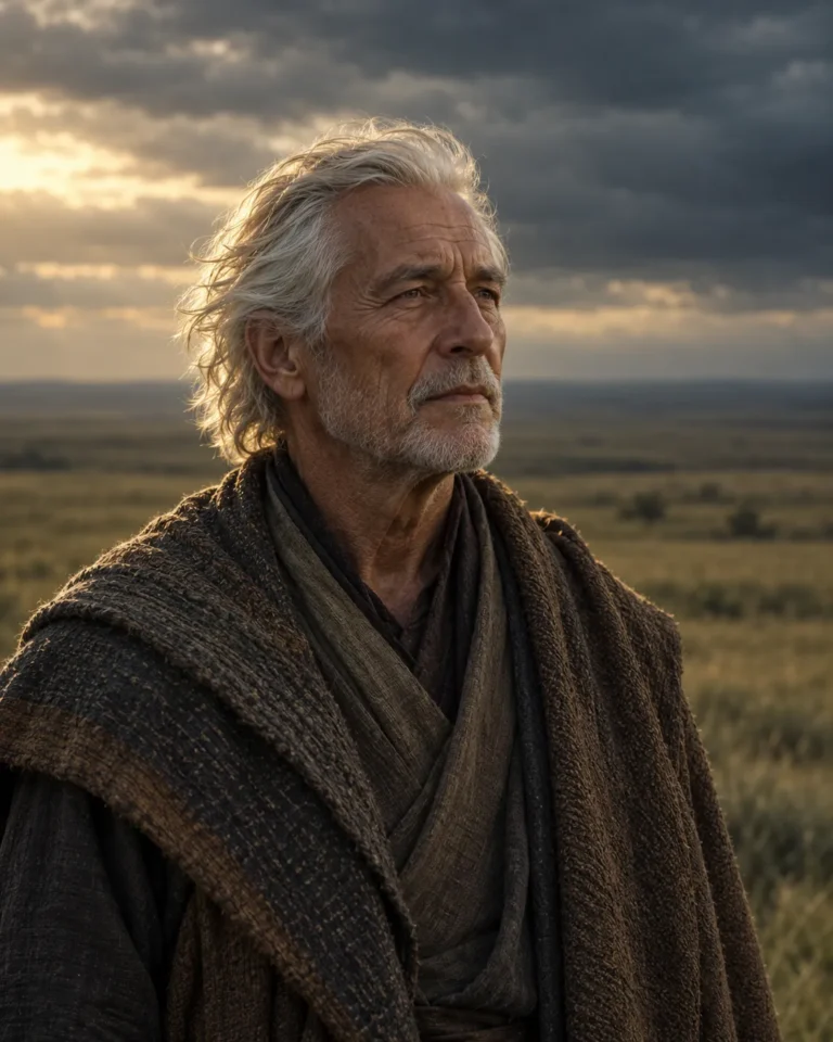 Bryn, an elderly white-haired man in a heavy woven cloak, gazing out over the plains