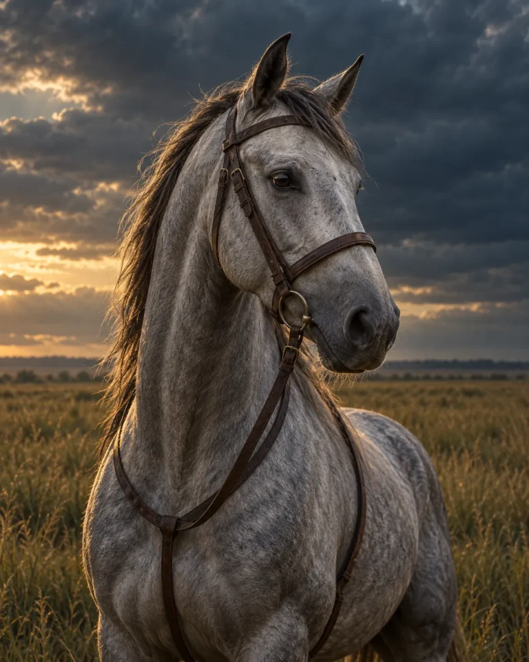 Tran, a dappled grey horse in a leather bridle, ears pricked against a stormy sky