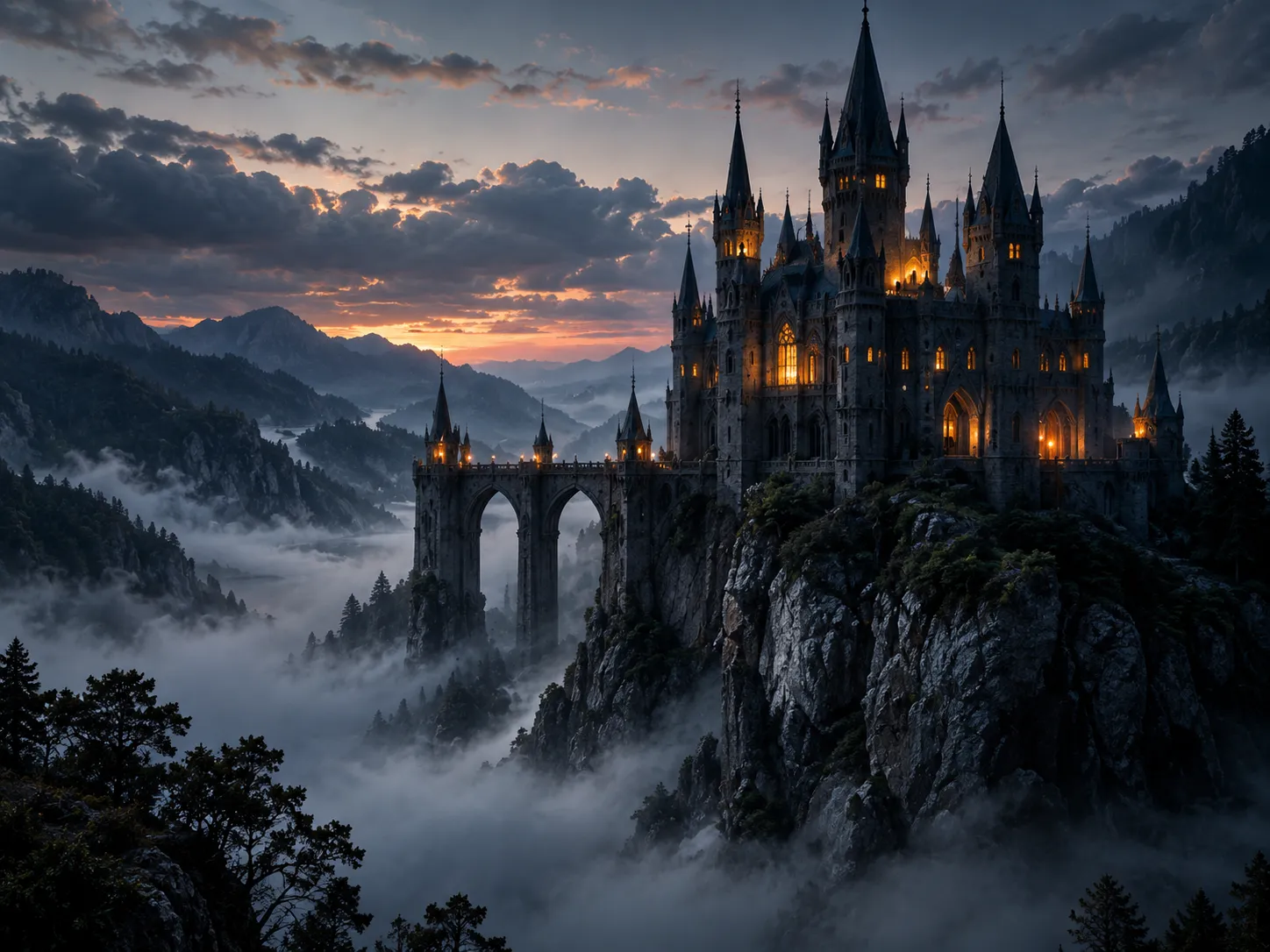 A gothic castle on a cliff above a misty valley at dusk