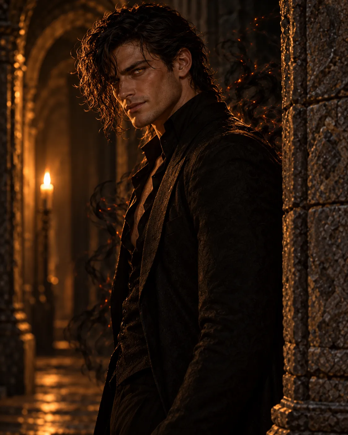 Conan, Dominic's twin, smiling coldly from a candlelit stone corridor