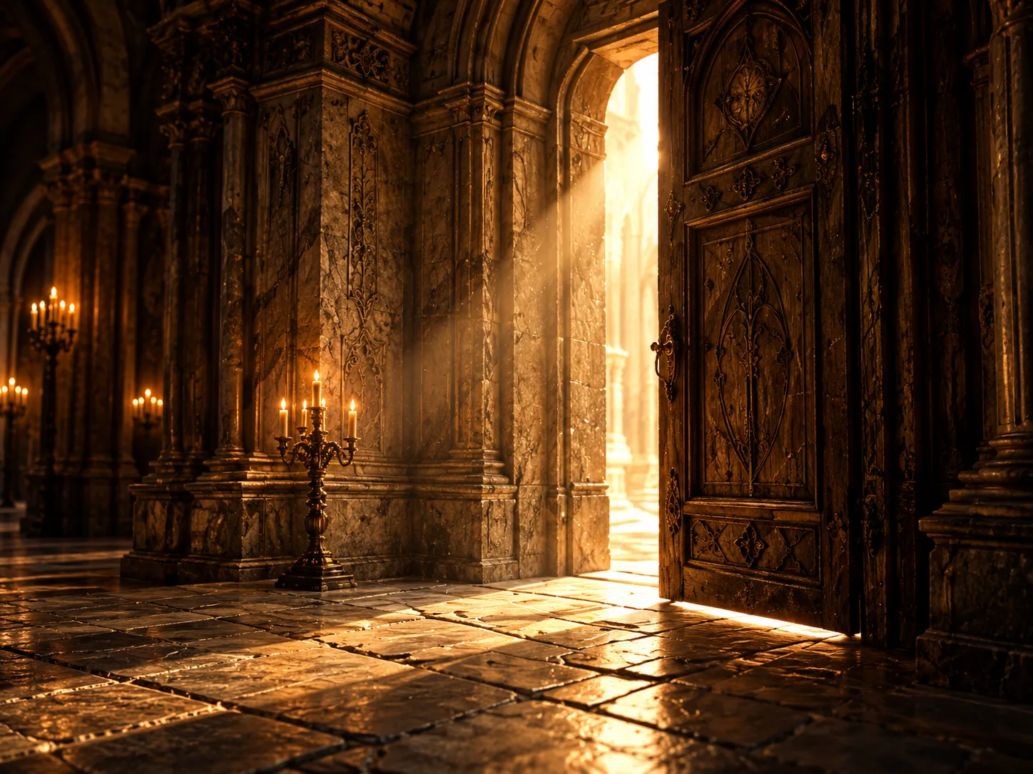 Golden light pouring through an open carved door into a stone hall