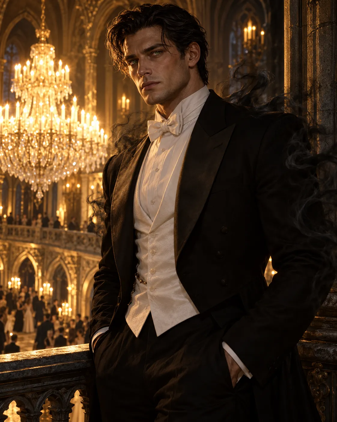 Dominic Peverell, a green-eyed man in white tie and tailcoat, on a ballroom balcony