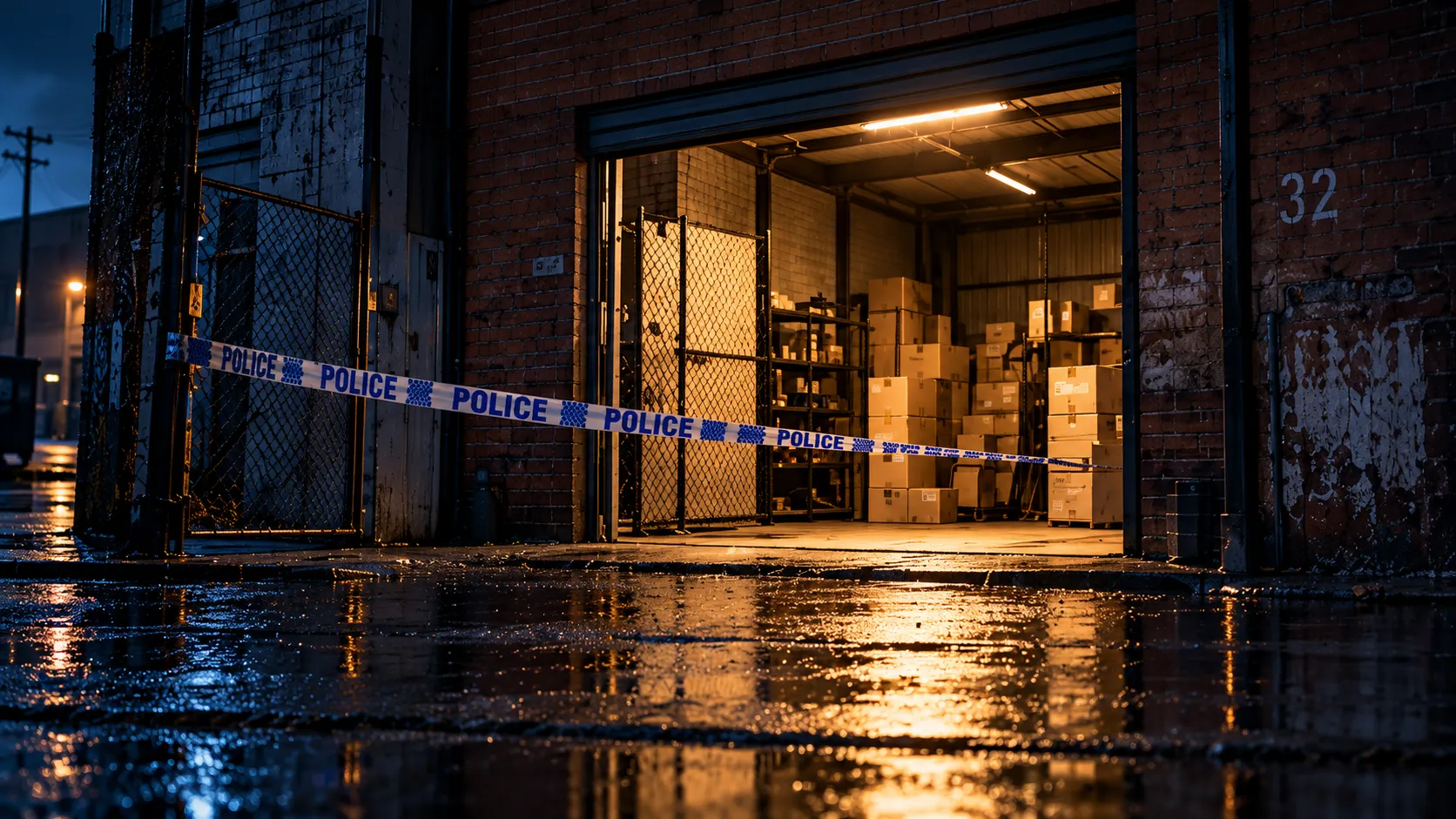 Police tape across the open door of a North Fitzroy storage facility at night