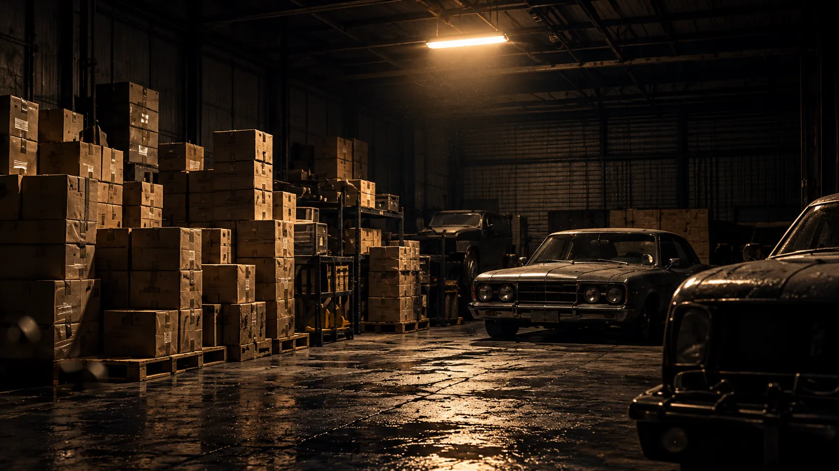 Stacked cartons inside a dim warehouse beside parked cars
