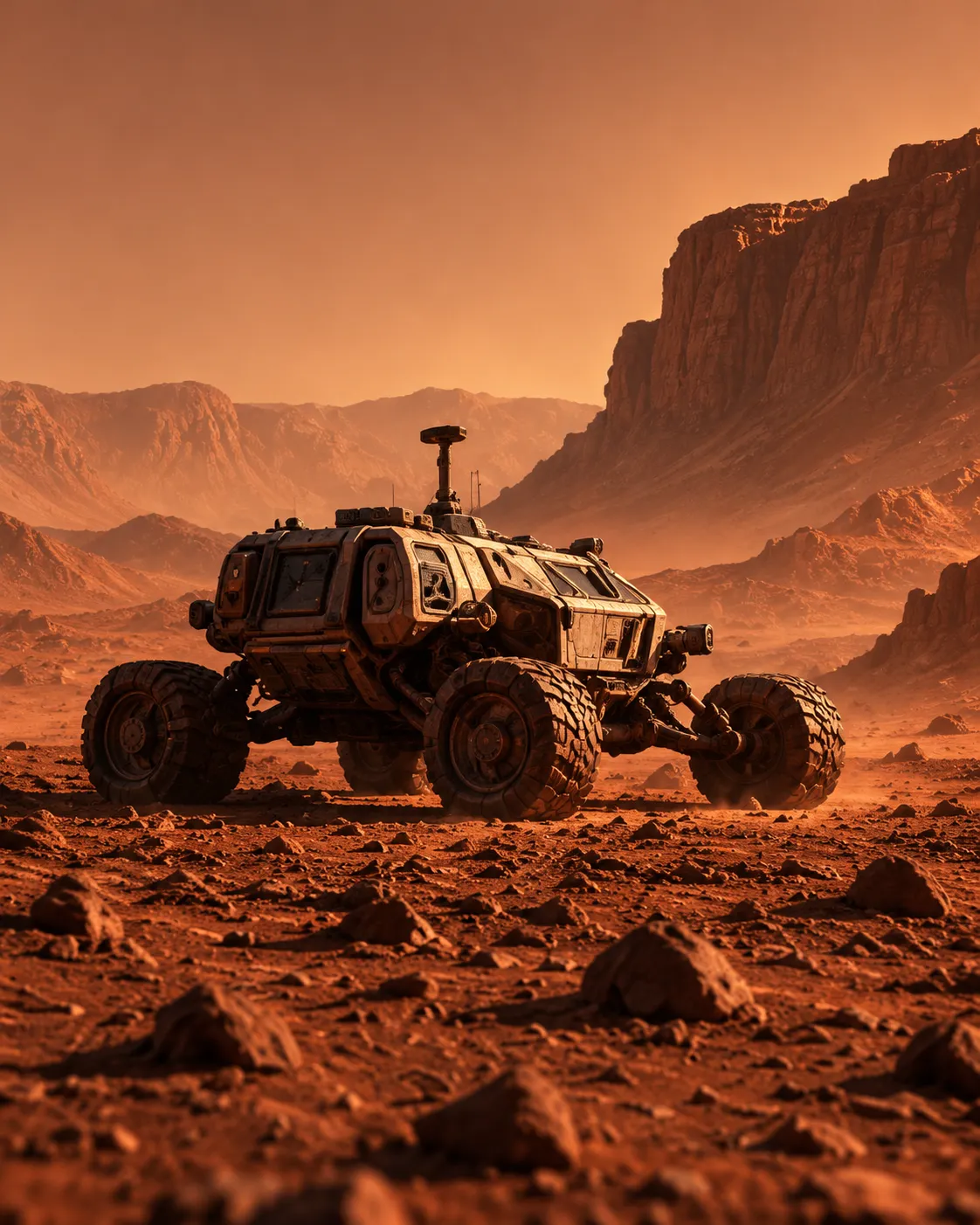 A six-wheeled exploration rover on the rust-red Martian surface, with tall canyon cliffs behind it.