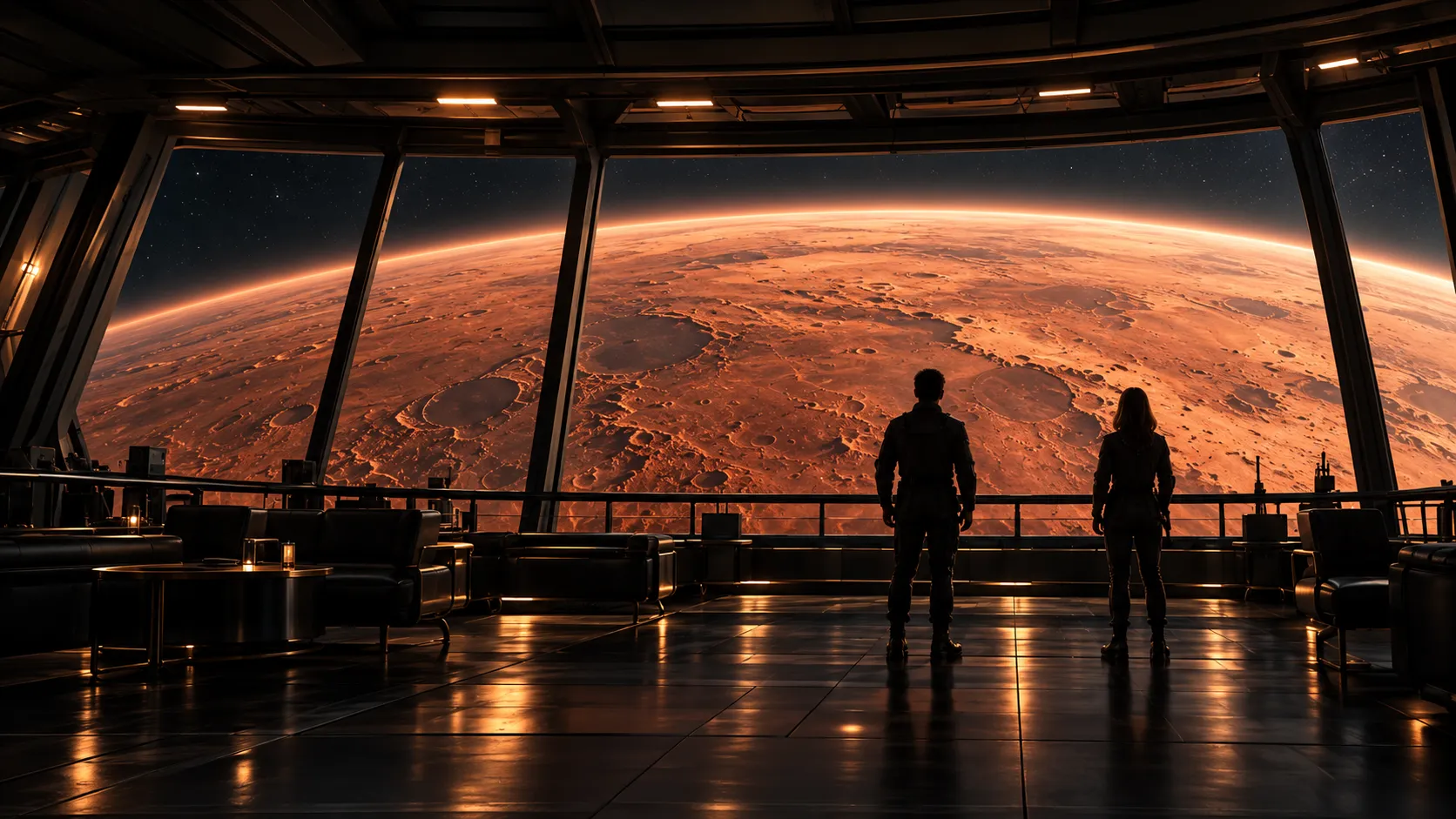 Two crew members stand in silhouette on the observation deck of PEGASUS, looking out at Mars through a wall of curved windows.