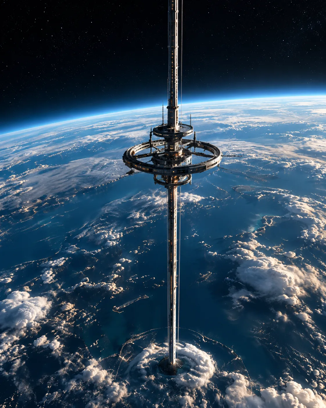 A space elevator tether rising from the Earth, with a ring-shaped station partway up, above clouds and ocean.