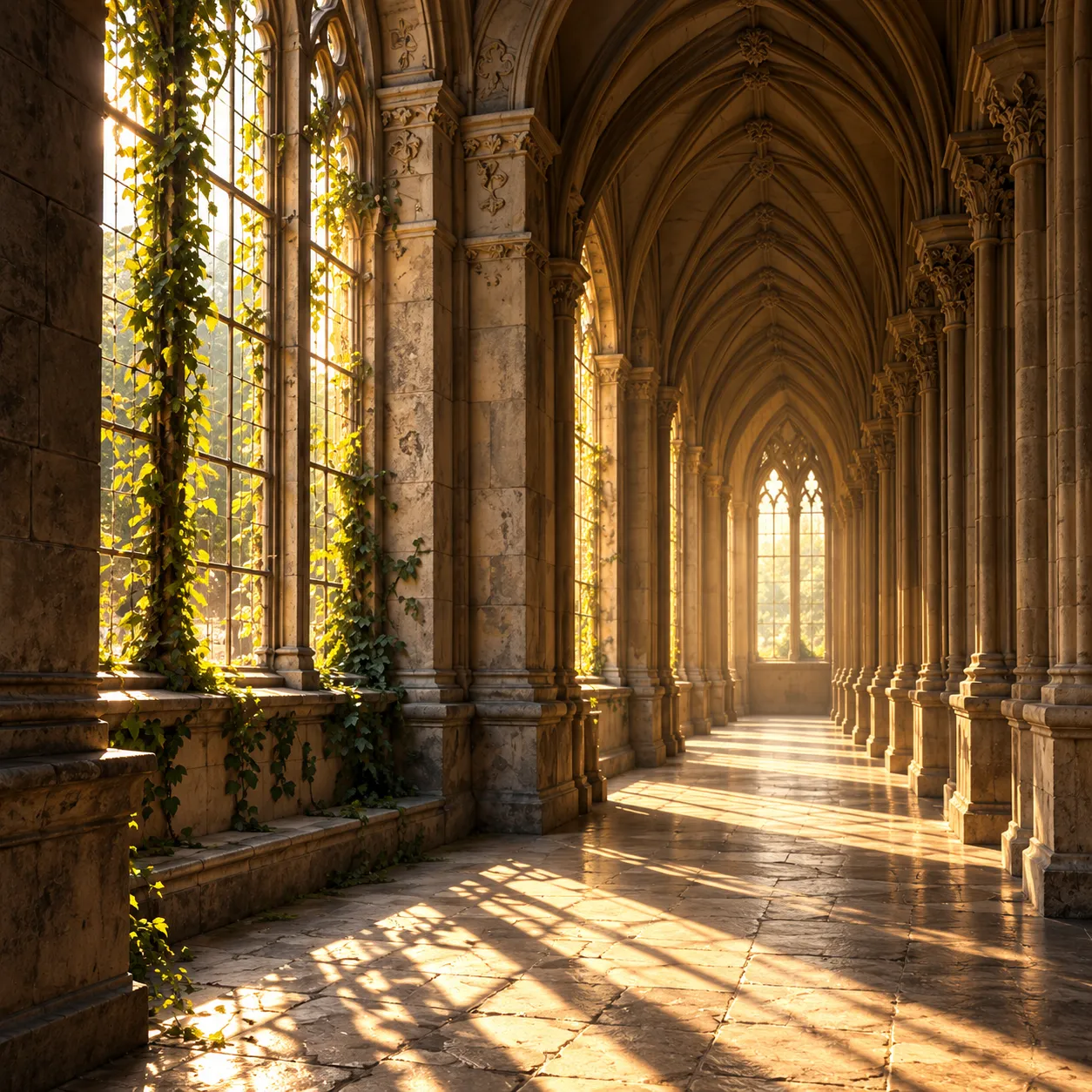 Sunlit stone passage with gothic arches